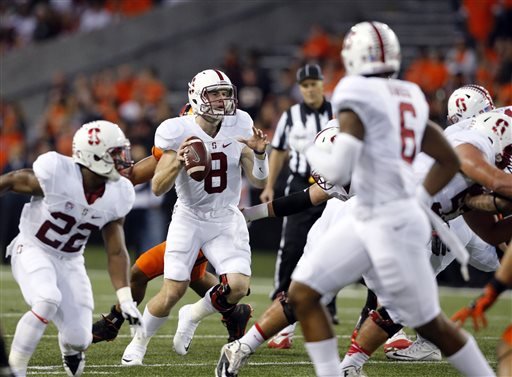 Stanford quarterback Kevin Hogan center looks for a receiver during the first half of an NCAA college football game against Oregon State in Corvallis Ore. Friday Sept. 25 2015