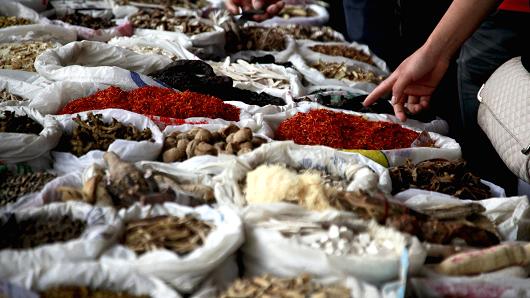 Products are for sale at a traditional Chinese medicine market in Bozhou Anhui Province China