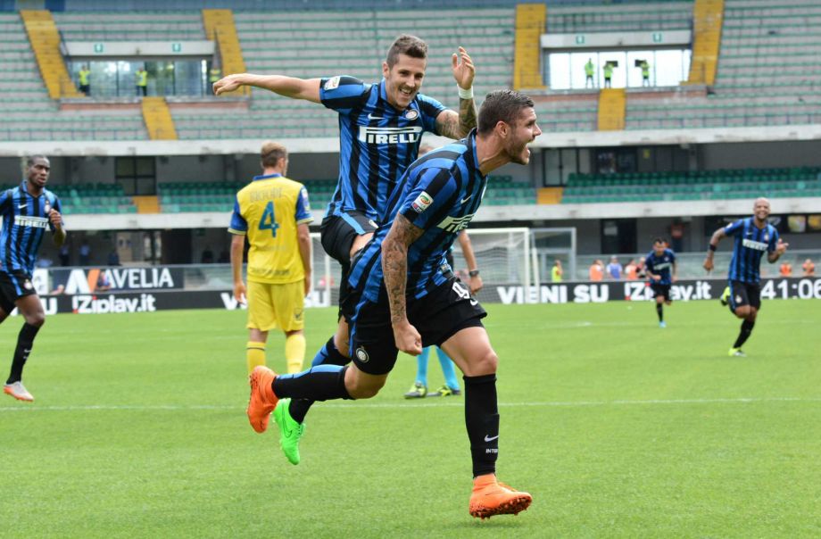 Inter Milan's forward Mauro Icardi celebrates after scoring during a Serie A soccer match against Chievo at Bentegodi stadium in Verona Italy Sunday Sept. 20 2015