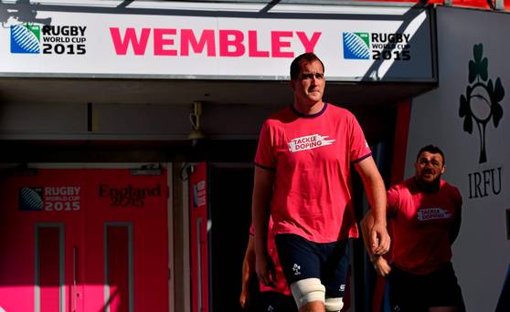 Ireland's Devin Toner and Cian Healy make their way out for the captain's run. Ireland Rugby Squad Captawin's Run 2015 Rugby World Cup Wembley Stadium Wembley London England