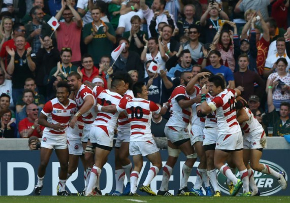 AFP  Justin Tallis Japan players celebrate after Japan's full-back Ayumu Goromaru scored a try during a Pool B match of the 2015 Rugby World Cup between South Africa and Japan at the Brighton community stadium in Brighton south east England on Septe