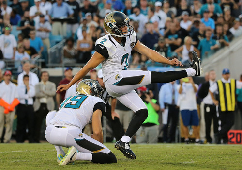 Jason Myers kicks the game winning field goal during a game against the Miami Dolphins at Ever Bank Field