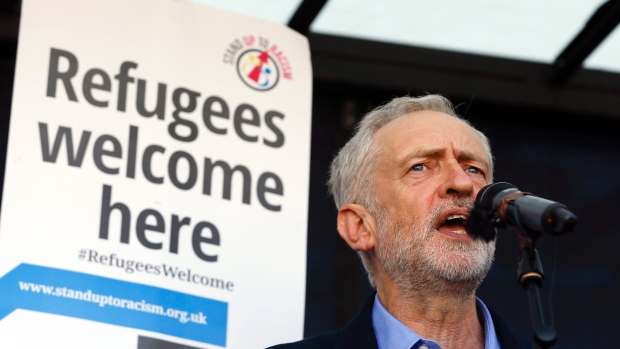 Jeremy Corbyn speaks at a Solidarity with Refugees march in London a day after he was elected leader of the Labour Party