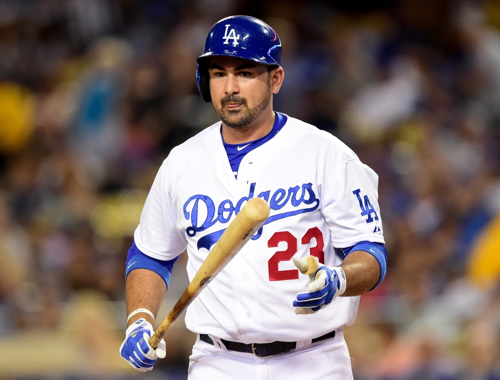 LOS ANGELES CA- SEPTEMBER 14 Adrian Gonzalez #23 of the Los Angeles Dodgers reacts to his strikeout to end the first inning at Dodger Stadium