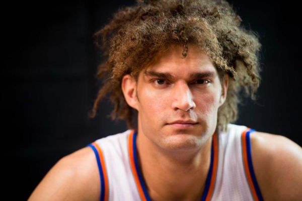 Knicks center Robin Lopez poses during media day