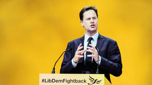 Former Liberal Democrat leader Nick Clegg who presided over a disaster at the last general election speaking at the party conference