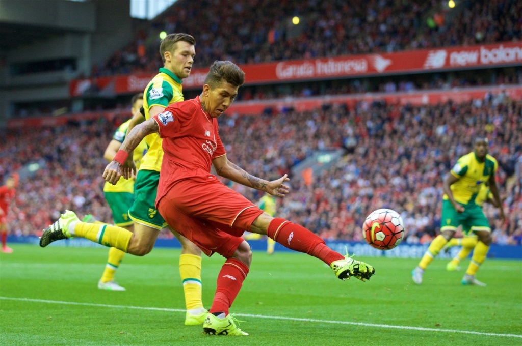 Liverpool's Roberto Firmino in action against Norwich City during the Premier League match at Anfield