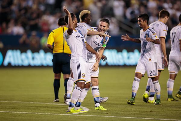 Los Angeles Galaxy players celebrate after scoring a goal during a 3-2 victory over FC Dallas