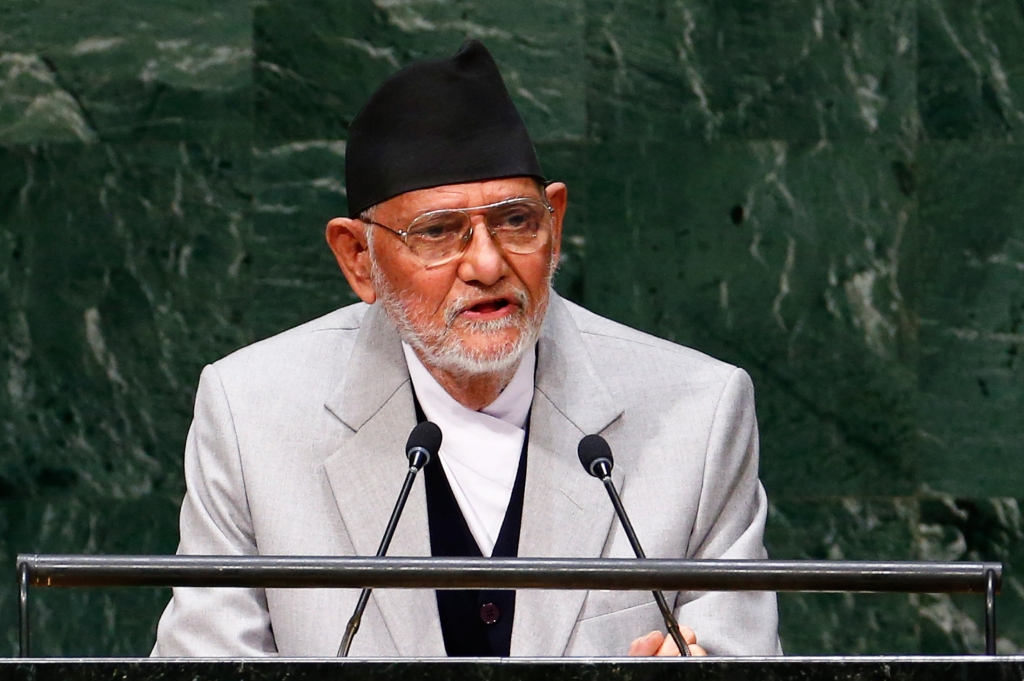 Sushil Koirala Prime Minister of Nepal addresses the 69th United Nations General Assembly at the U.N. headquarters in New York