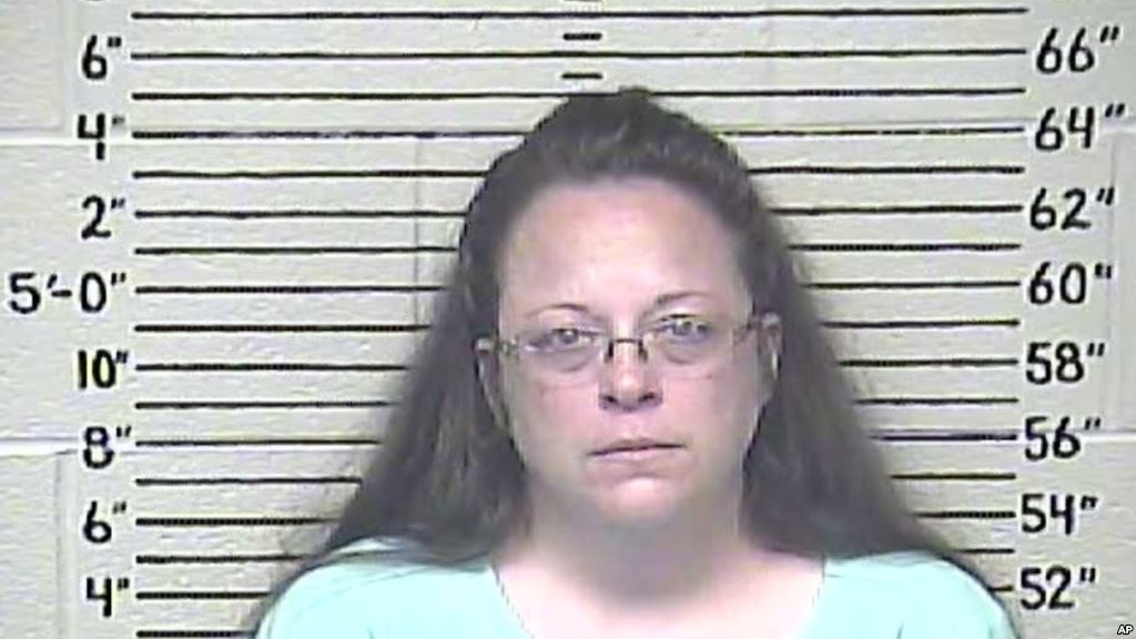 FILE- Kim Davis clerk of Rowan County Ky. remains jailed at the Carter County Detention Center for refusing to issue marriage licenses to gay couples