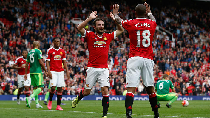 Manchester United duo Juan Mata and Ashley Young celebrate scoring against Sunderland