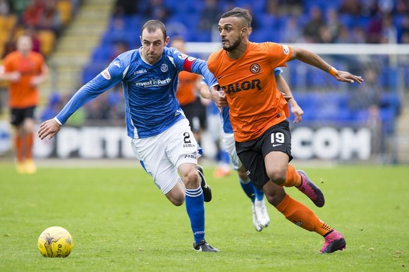 St Johnstone’s Dave Mc Kay battles for the ball with Mario Bilate