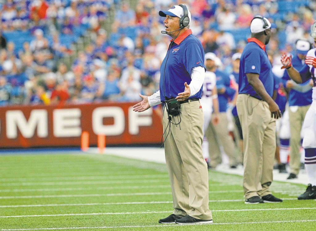 Buffalo Bills head coach Rex Ryan questions a call during the first half of an NFL preseason football game against the Carolina Panthers on Friday Aug. 14 2015 in Orchard Park N.Y