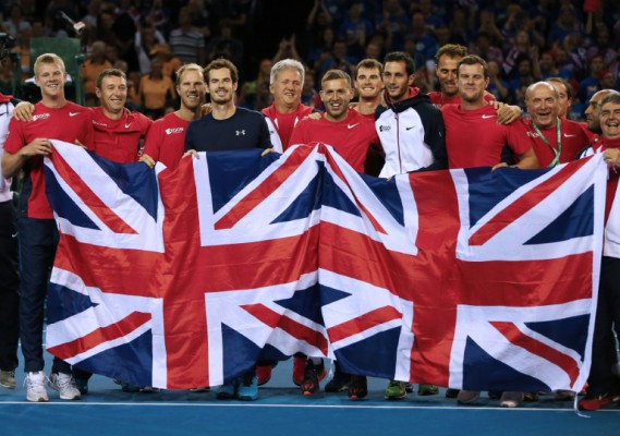 AFP  Ian MacNicolAndy Murray of Great Britain celebrates his victory with teammates after a match against Bernard Tomic of Australia in the Davis Cup semi-finals in Glasgow Scotland