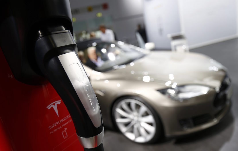 A Tesla Motors charging unit is seen during the media day at the Frankfurt Motor Show in Frankfurt Germany