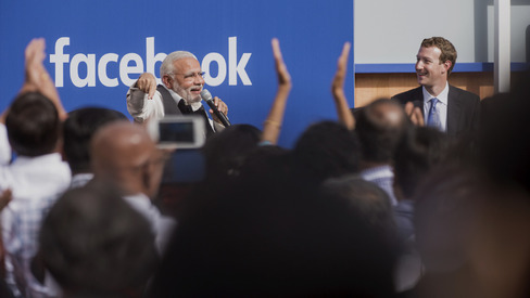 Narendra Modi India's prime minister speaks with Mark Zuckerberg at Facebook headquarters