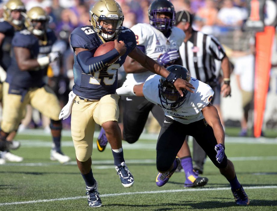 Navy quarterback Keenan Reynolds runs for a long gain during the second quarter against East Carolina during an NCAA college football game Saturday Sept. 19 2015 in Annapolis Md