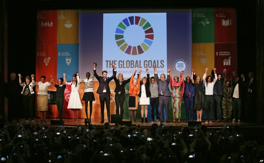 Speakers at the opening ceremony celebrate the adoption of the new Sustainable Development Goals during the 6th Annual Social Good Summit on Sunday Sept. 27 2015 in New York. An initiative of United Nations Foundation Mashable