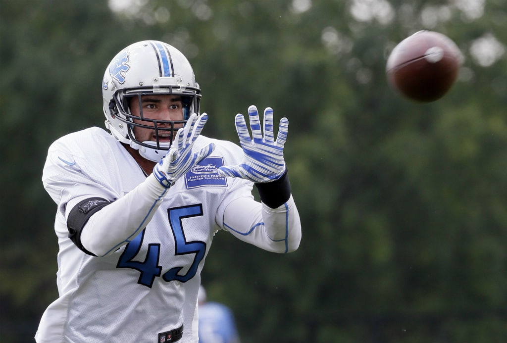 Detroit Lions safety Brian Suite runs through a drill at the Detroit Lions training facility Tuesday Sept. 1 2015 in Allen Park Mich