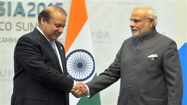 India’s Prime Minister Narendra Modi right shakes hands with Pakistani Prime Minister Nawaz Sharif ahead of a meeting in Ufa on the sidelines of a summit of the BRICS emerging economies in Russia