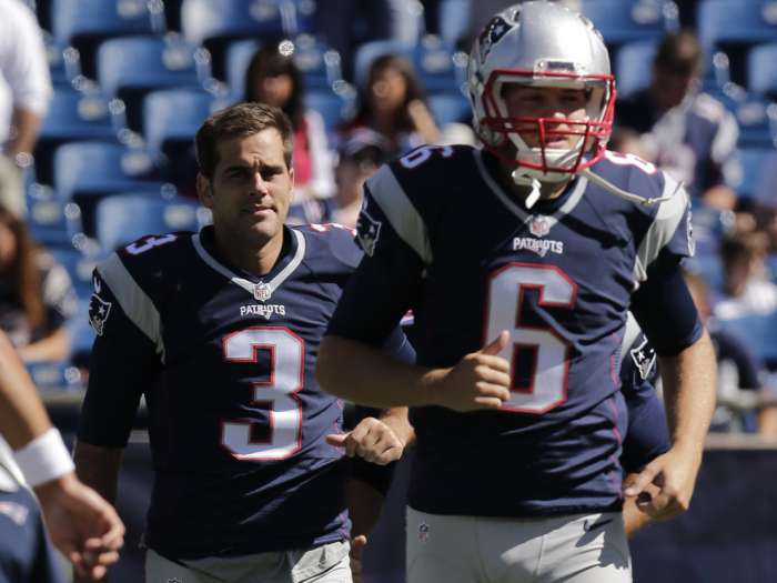 New England Patriots kicker Stephen Gostkowski and Ryan Allen warm up before an NFL football game Sunday Sept. 27 2015 in Foxborough Mass