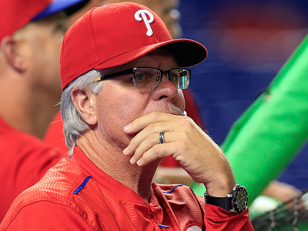 Philadelphia Phillies manager Pete Mackanin looks on prior to the game against the Miami Marlins at Marlins Park