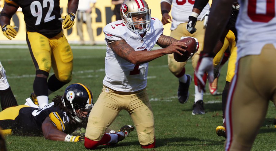 San Francisco 49ers quarterback Colin Kaepernick is tackled by Pittsburgh Steelers linebacker Bud Dupree at the one-yard line during the second half of an NFL football game in Pittsburgh Sunday Sept. 20 2015. The Steelers won 43-18. (AP