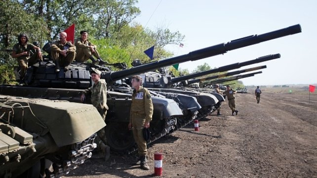 Pro-Russian separatists take part in a military competition between tank units near the town of Torez near Donetsk