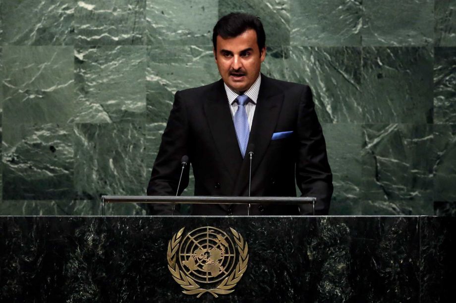 Qatar's Amir Sheikh Tamim Bin Hamad Al Thani addresses the 70th session of the United Nations General Assembly at U.N. Headquarters Monday Sept. 28 2015