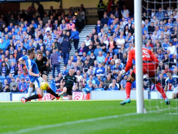 Mitch Megginson fires a ball across the Rangers box in a rare Raith attack. Pic Fife