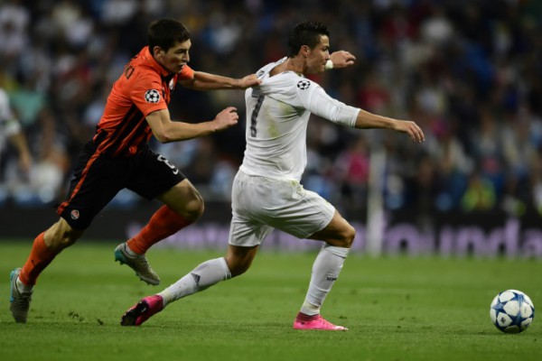 AFP  Javier Soriano Real Madrid's Portuguese forward Cristiano Ronaldo vies with Shakhtar Donetsk's midfielder Taras Stepanenko during the UEFA Champions League group A football match in Madrid