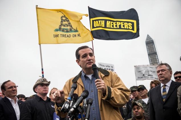 Sen. Ted Cruz addresses a gathering of veterans at a rally to protest closing monuments. ANDREW BURTON  GETTY IMAGES