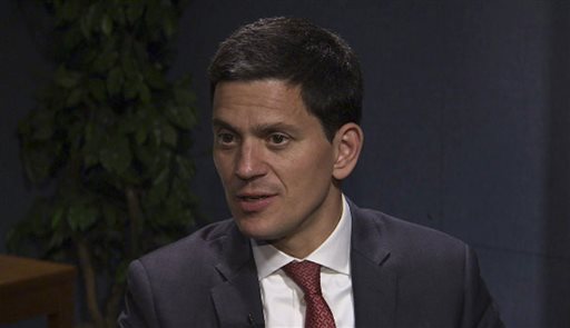 In this frame from video David Miliband chief of the International Rescue Committee speaks with The Associated Press Wednesday Sept. 16 2015 in New York. Events on the Serbia Hungarian border where police tear-gassed crowds of migrants including