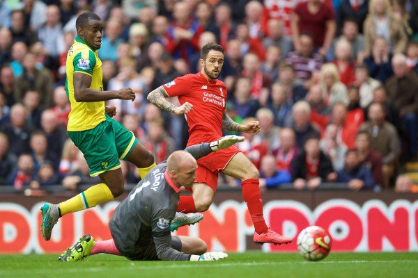 Liverpool's Danny Ings scores the first goal against Norwich City during the Premier League match at Anfield