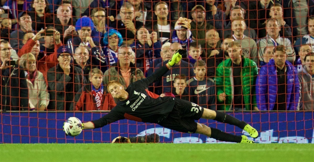 Liverpool's goalkeeper Adam Bogdan makes a save in the 3-2 penalty shoot-out victory over Carlisle United during the Football League Cup 3rd Round match at Anfield. (Pic by David Rawcliffe  Propagand