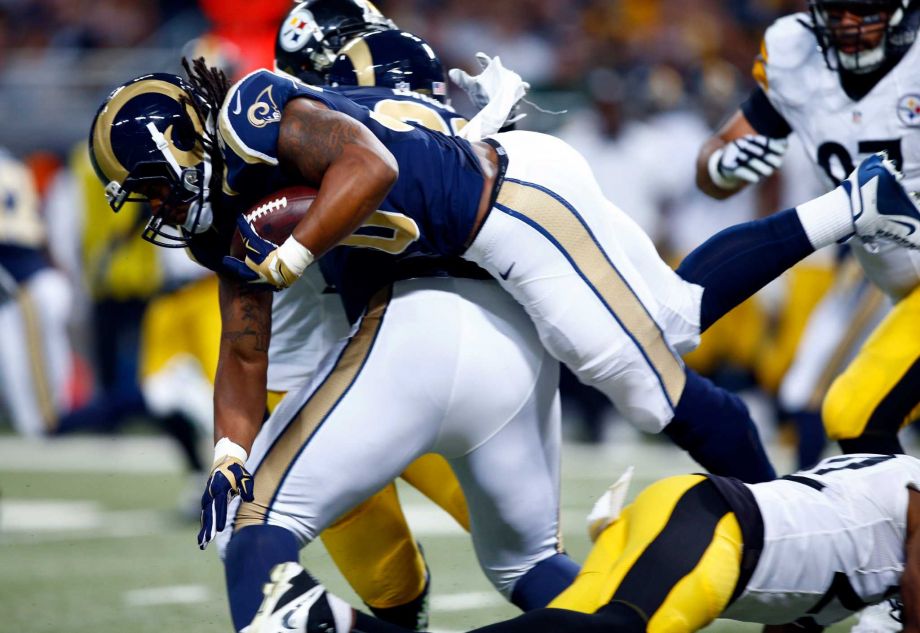 St. Louis Rams running back Todd Gurley runs the ball during the second quarter of an NFL football game against the Pittsburgh Steelers Sunday Sept. 27 2015 in St. Louis