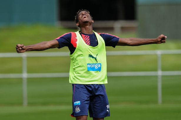 Rolando Aarons celebrates during a Newcastle United Training session