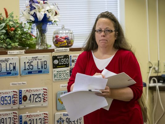 Rowan County Clerk Kim Davis was back to work in her office Monday morning at the Rowan County Courthouse in Morehead