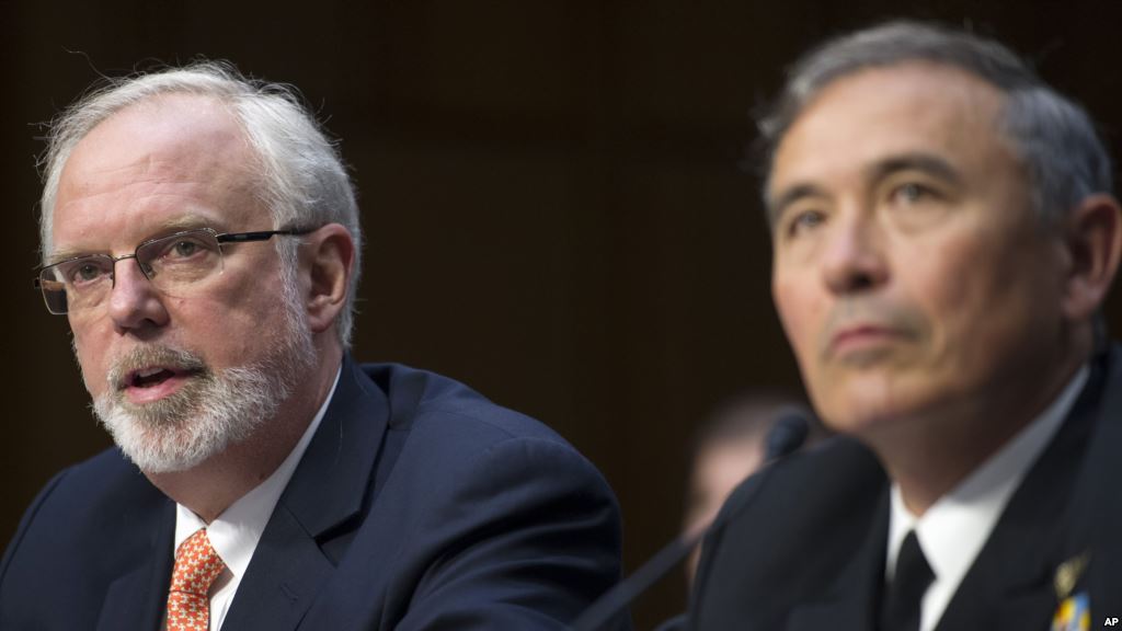 David Shear assistant secretary of defense for Asian and Pacific security affairs left and Admiral Harry Harris Jr. commander of the U.S. Pacific Command testify before the Senate Armed Services Committee in Washington Sept. 17 2015