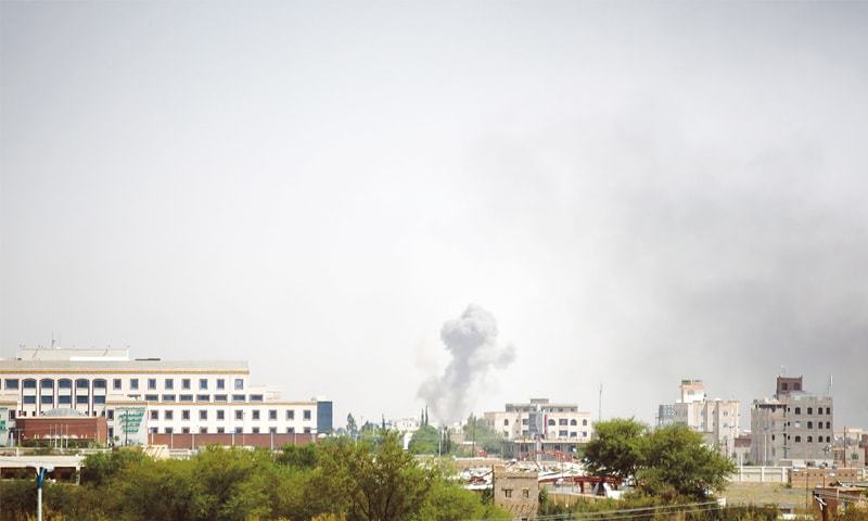 SANAA Smoke rises after an air strike by the Saudi-led coalition here on Sunday.­—AP