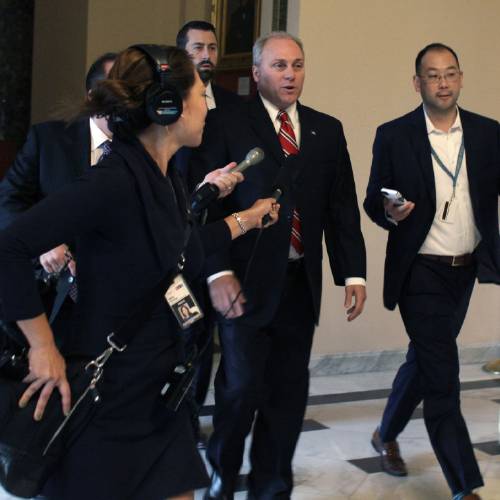 Whip Steve Scalise of La. is pursued by reporters on Capitol Hill in Washington Friday Sept. 25 2015 after news of House Speaker John Boehner's resignation