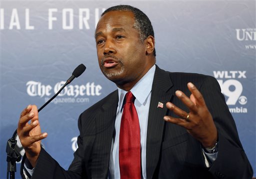 Republican presidential candidate and retired neurosurgeon Ben Carson speaks during a forum in Manchester N.H. Responding to a question during an interview broadcast Sunday Sept. 20 2015 on NBC's'Meet