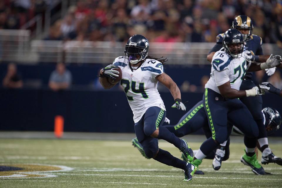 Seahawks RB Marshawn Lynch rushes against the St. Louis Rams. Image Seattle Seahawks  Facebook