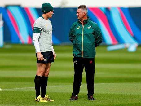 South Africa's Head Coach Heyneke Meyer and Jean De Villiers during a training session at Eastbourne College Eastbourne