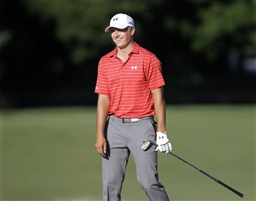 Jordan Spieth reacts to his missed putt on the 18th hole during the second round of play at The Barclays golf tournament Friday Aug. 28 2015 in Edison N.J