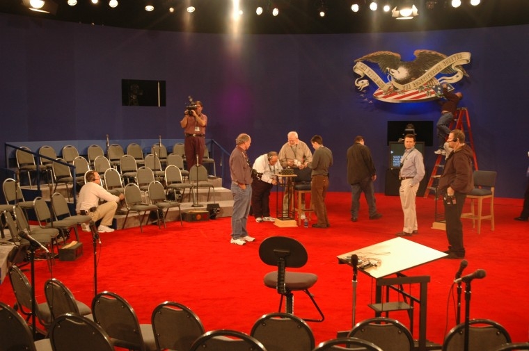 Technicians prepared for the 2004 debate at Washington University