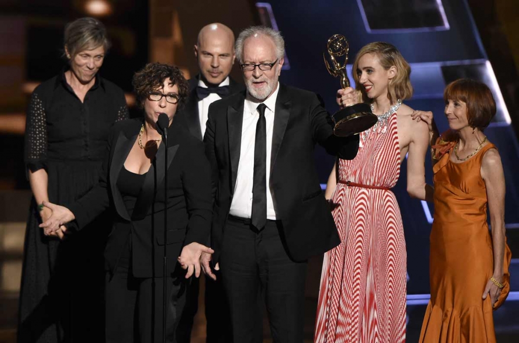 Francis McDormand left Lisa Cholodenko Gary Goetzman and the cast of'Olive Kitteridge accept the award for outstanding limited series for “Olive Kitteridge” at the 67th Primetime Emmy Awards on Sunday Sept. 20 2015 at the Microsoft Theater