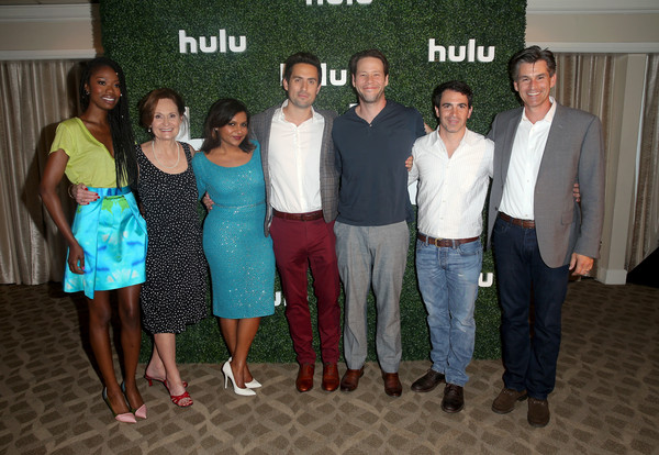 Actors Xosha Roquemore Beth Grant Mindy Kaling Ed Weeks Ike Barinholtz Chris Messina and Chief Executive Officer of Hulu Mike Hopkins attend the Hulu 2015 Summer TCA Presentation at The Beverly Hilton Hotel