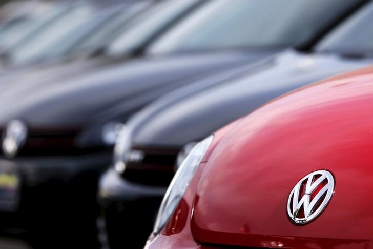 Volkswagen autos are seen at a VW dealership in the Queens borough of New York