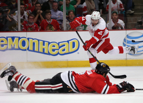 Tomas Tatar fired a shot during Detroit's preseason win over the Blackhawks